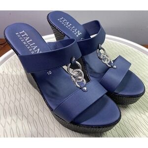 Italian Shoemakers Women's Navy Blue Wedge Slip-on Sandals Shoes Heels Sz.10 NEW